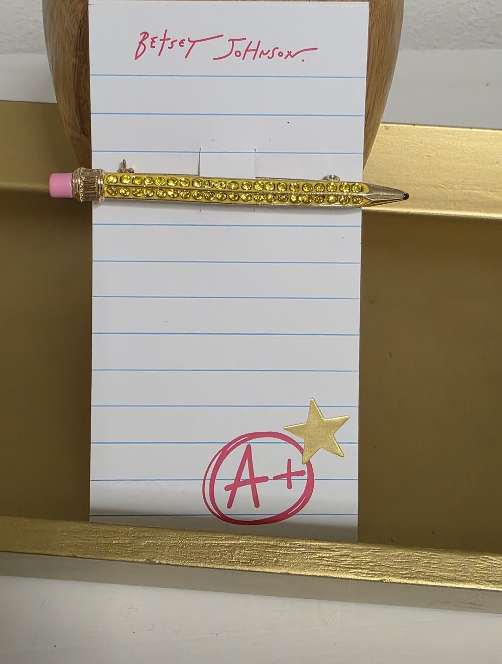 Betsey Johnson Gold and Pink Rhinestone Pencil Pin